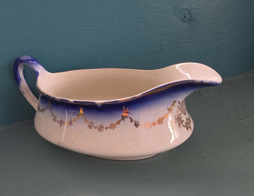 Antique Flow Blue Gravy Boat Cobalt Blue Edge With Gold Flower Swags